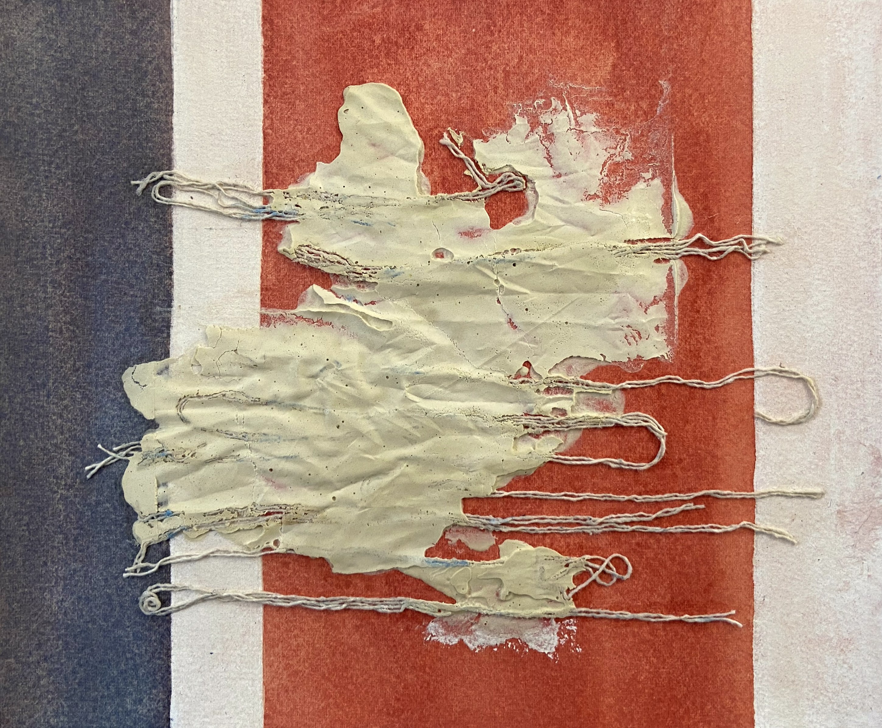 Mixed-media drawing on handmade paper, Trying to Draw Parallels, with watercolor washes, ink, and sewn thread.